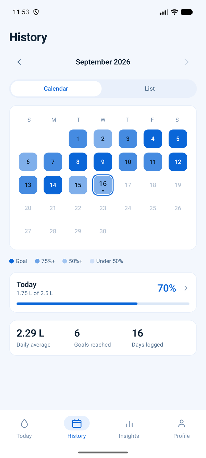 The History screen showing September as a calendar, with each day shaded by
                     how much of its goal was met.