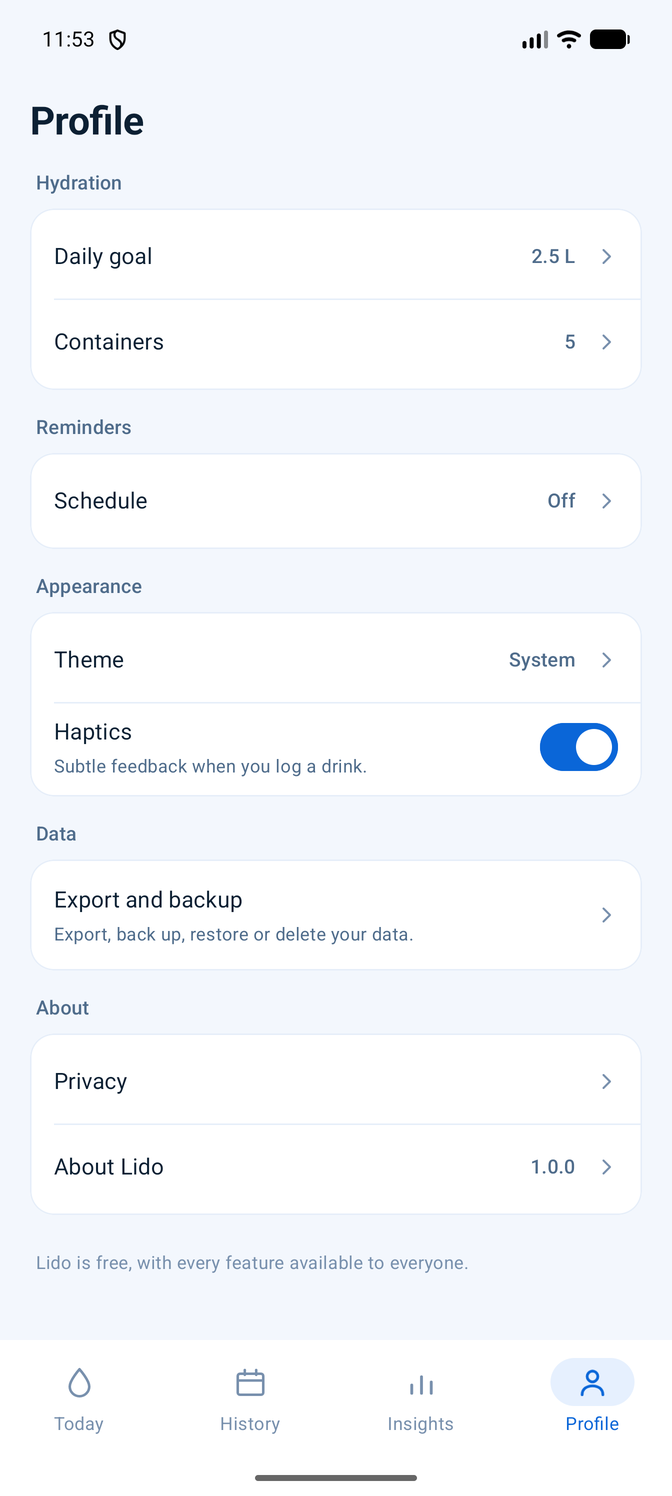 Settings grouped into hydration, reminders, appearance, data and about.